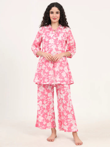 Light Pink Cotton Night Suit Set for women