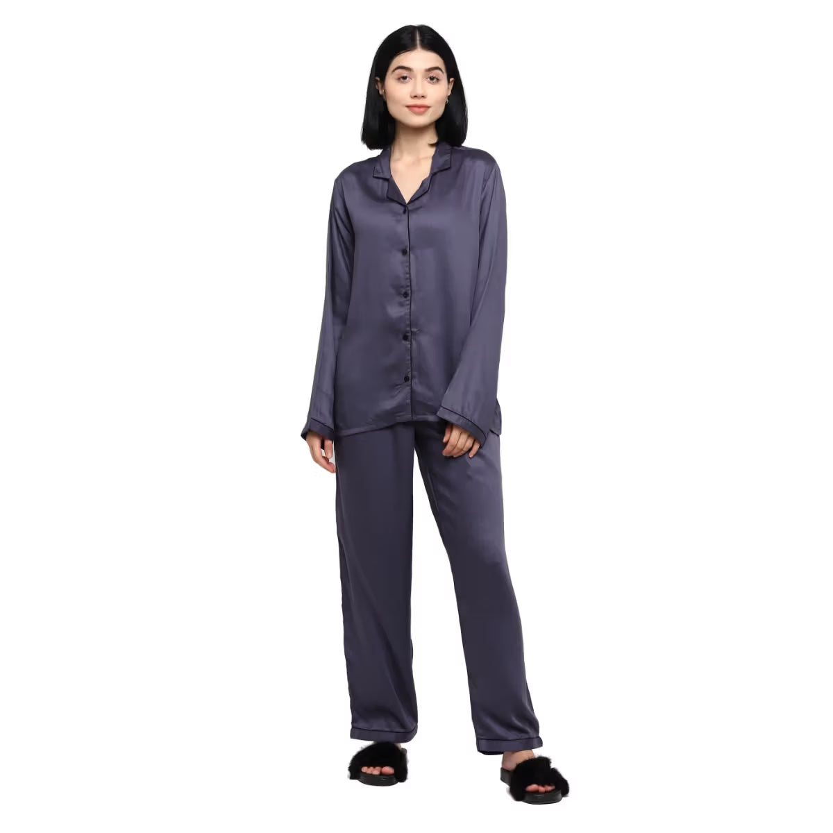 DREAMDHARA Ultra Soft Dark Grey Modal Satin Long Sleeve Women's Night Suit |Lounge Wear