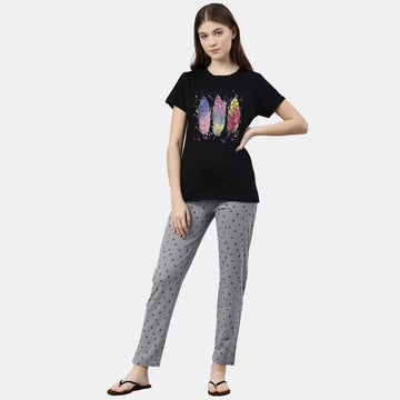 DREAMDHARA Women Black & Grey Printed Pure Cotton Night Suit