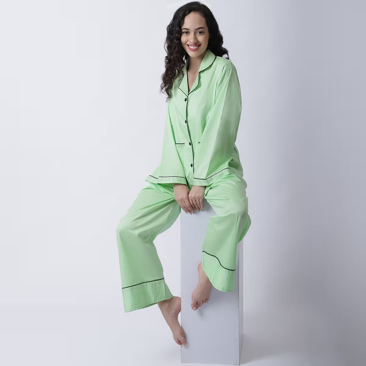 DREAMDHARA Women Lime Green Cotton Satin Night Suit