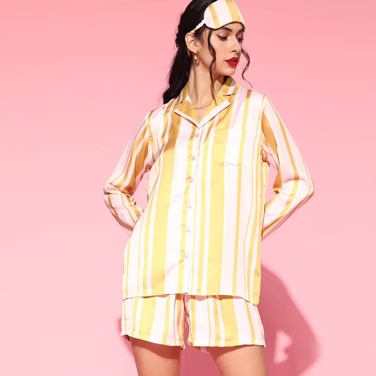 DREAMDHARA Women And Cream Stripes Night Suit - Yellow