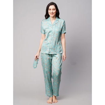 DREAMDHARA Womens Green White Floral Print Satin Night Suit