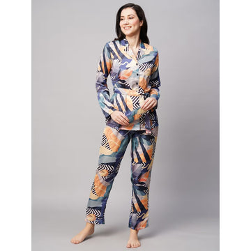 DREAMDHARA Womens Black Patch Print Satin Night Suit