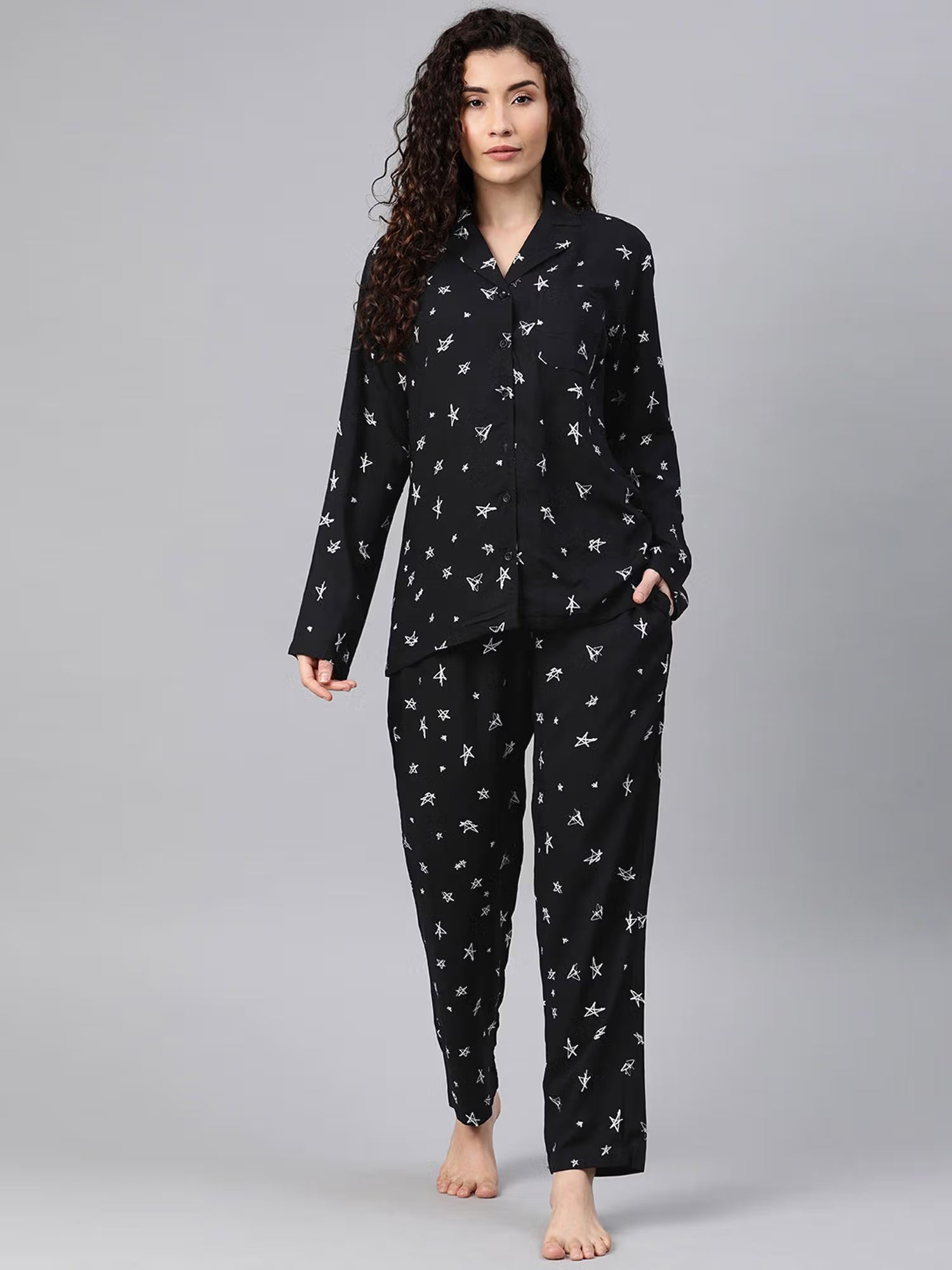 Women Star Print Night Suit - Black