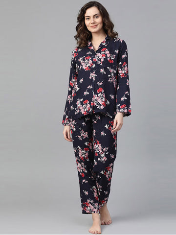 DREAMDHARA Women Flower Print Night Suit - Blue